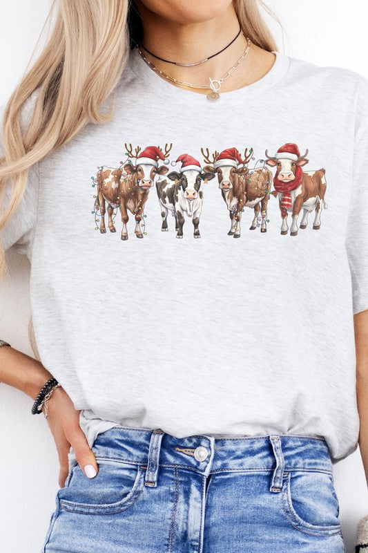 Cow Farm Animal Christmas Light Graphic Tee
